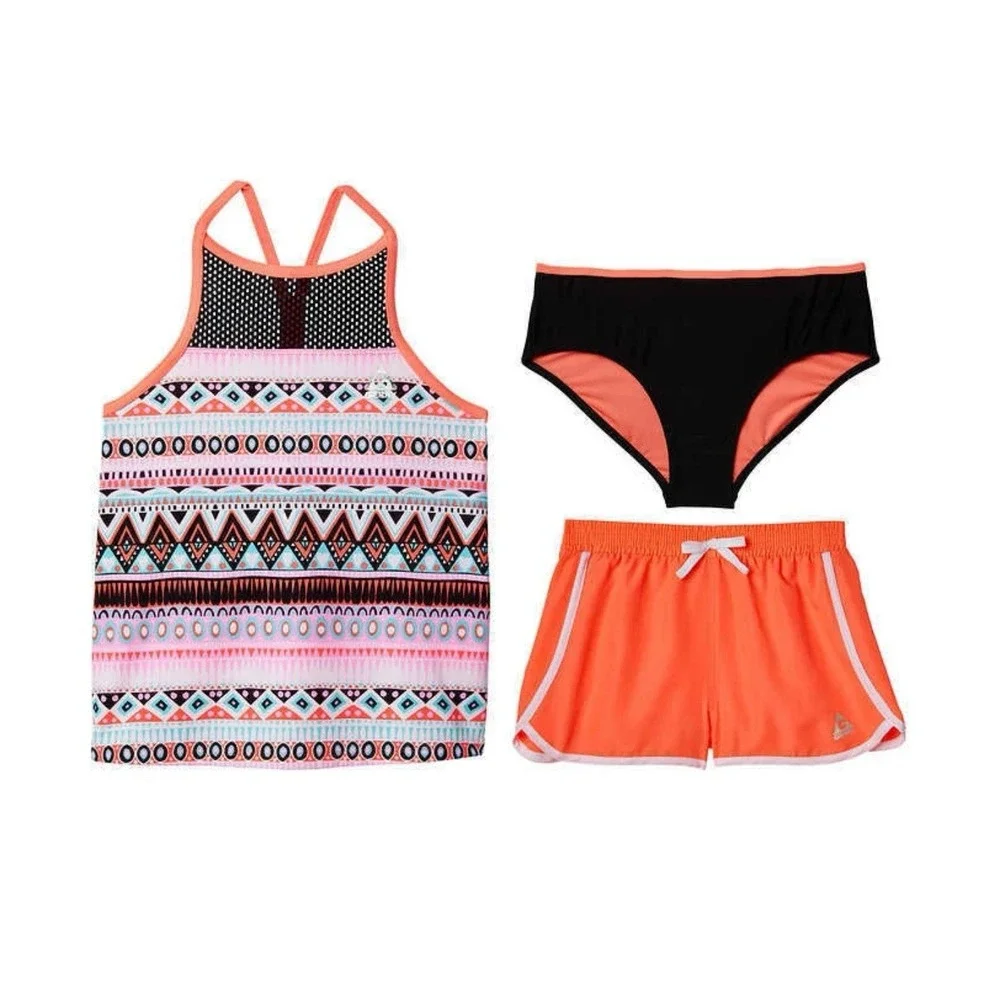 NEW Gerry Girls 3-pc Swimsuit Set Neon Orange Pink 14 Tankini Bikini Shorts‎